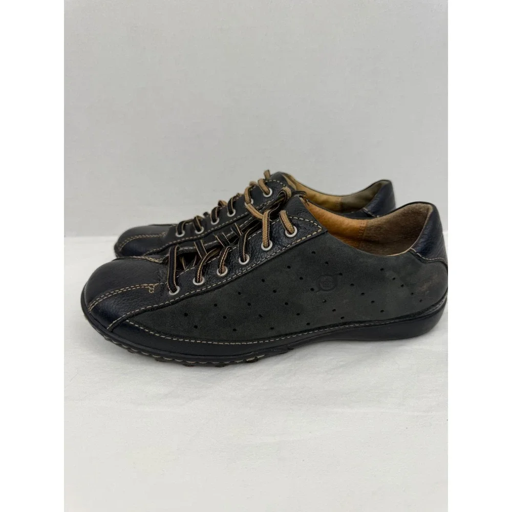 Born‎ Black Grey Leather Suede Low Top Lace Up Casual Ballet Sneakers Sz 8 / 39
